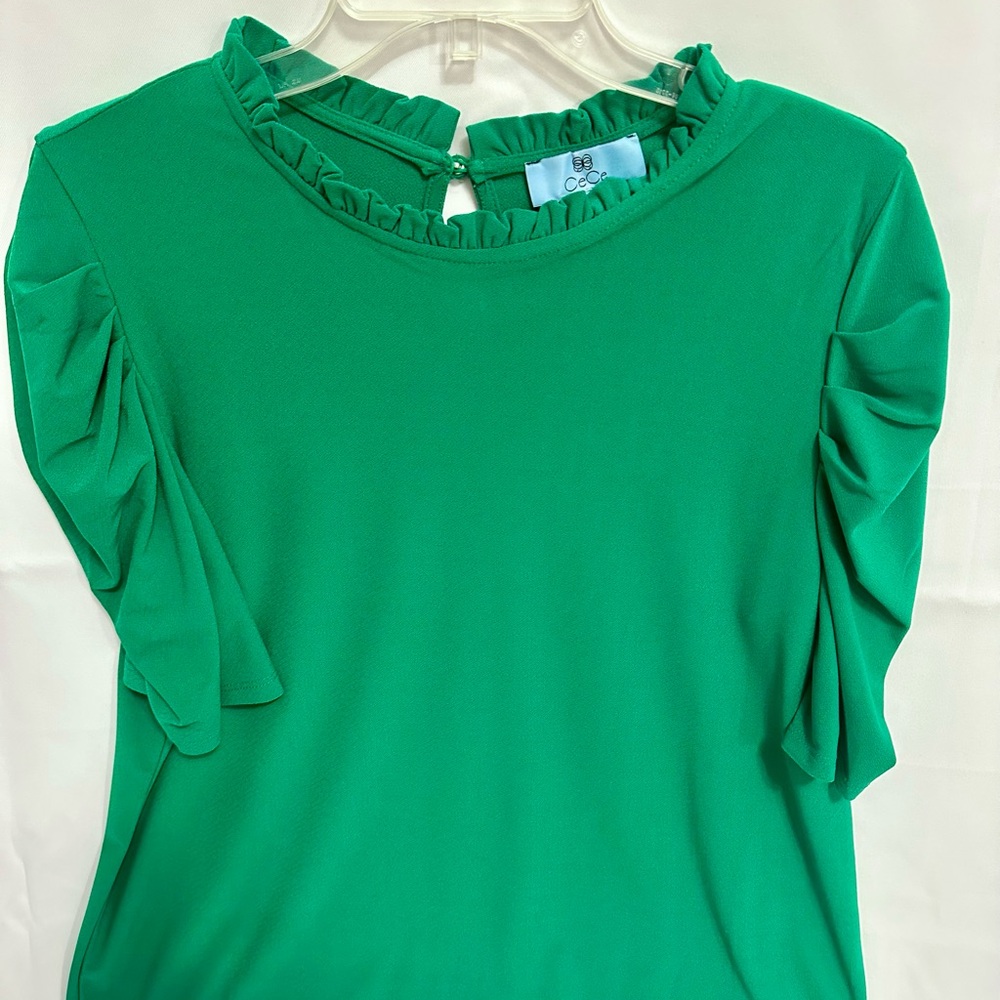 CeCe Green Ruffle Mock Neck Short Sleeve Blouse - Picture 3 of 8